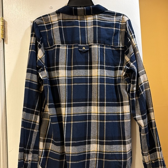 VANS FLANNEL BUTTON DOWN TOP BLUES AND WHITE WITH YELLOW/GOLD STRIPE SIZE LARGE - Picture 7 of 8